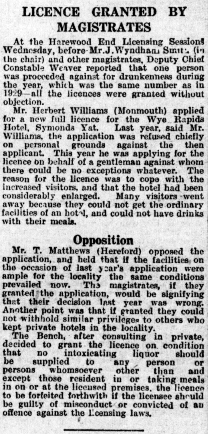 1931 Wye Rapids Hotel Granted Licence