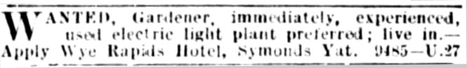 Wye Rapids Hotel Advertisement for Gardener