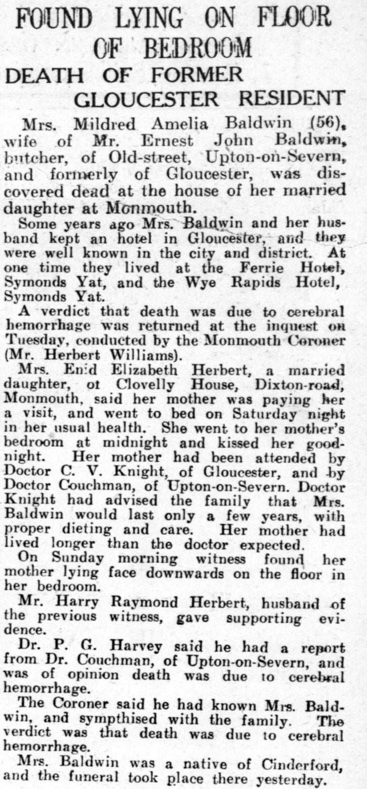 Wye Rapids Hotel Mildred Baldwin Death Report