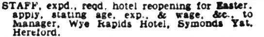 Wye Rapids Hotel Advert for Various Positions
