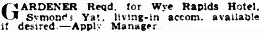 Wye Rapids Hotel Advert for Gardener 1948