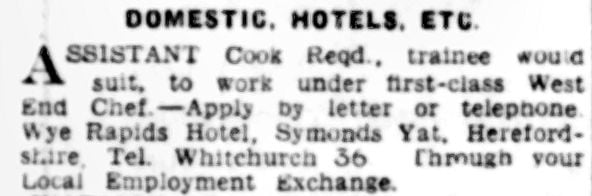 Wye Rapids Hotel Advert for Assistant Cook 1952