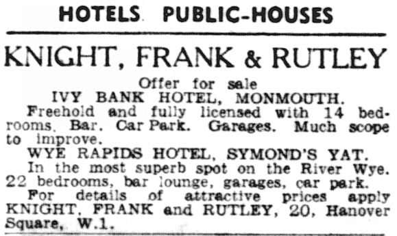 Wye Rapids Hotel For Sale Advert 1954
