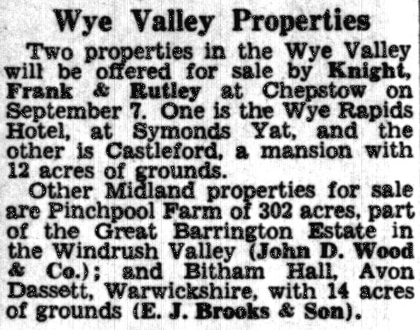 Wye Rapids Hotel For Sale Advert 1954