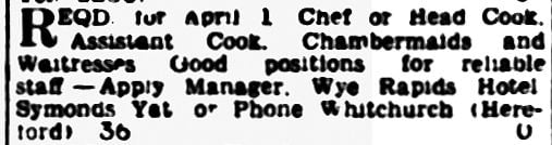 Wye Rapids Hotel Staff Advert 1955