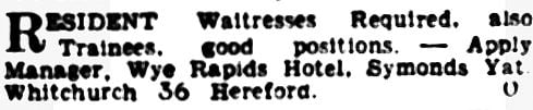 Wye Rapids Hotel Staff Advert 1955