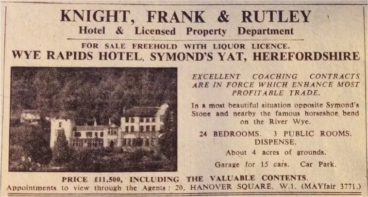 Wye Rapids Hotel For Sale Advert 1954