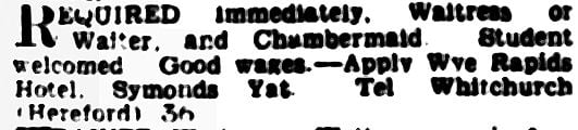 Wye Rapids Hotel Staff Advert 1956
