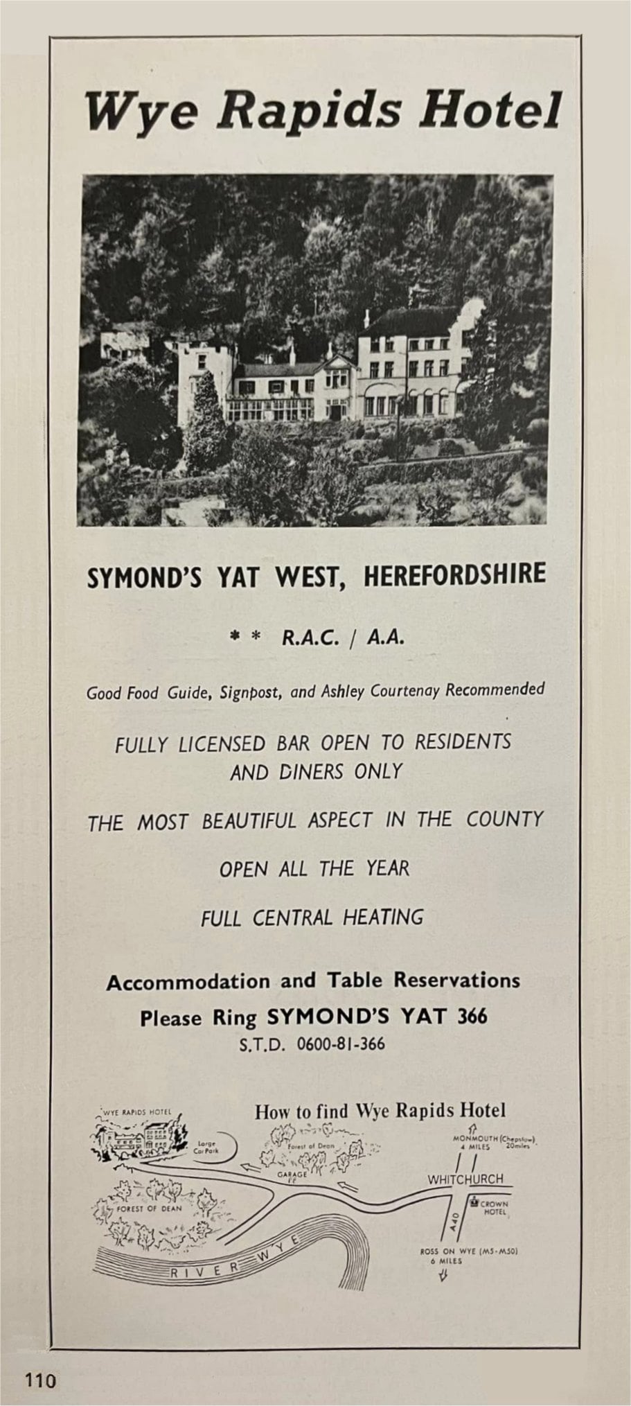 Wye Rapids Hotel Advert in the Guide Book to Herefordshire