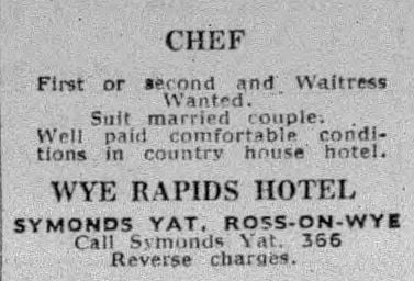 Wye Rapids Hotel Advert for a Chef 1974