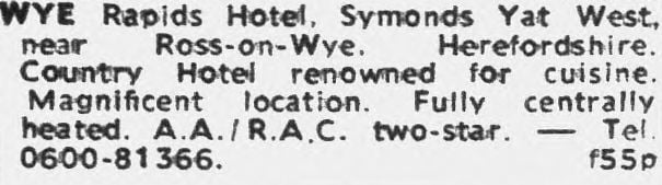 Wye Rapids Hotel Advertisement 1976