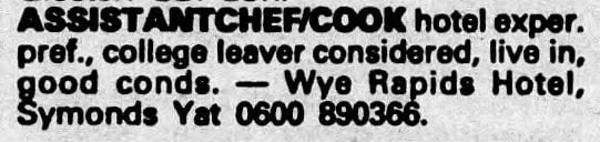 Wye Rapids Hotel Advert for Assistant Cook/Chef