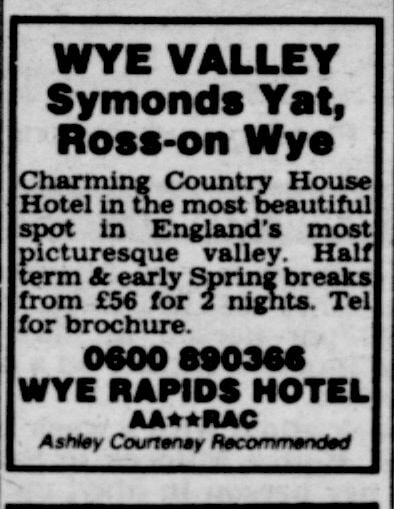 Wye Rapids Hotel Advertisement 1988