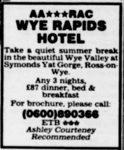 Wye Rapids Hotel Advertisement 1988