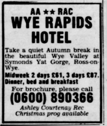 Wye Rapids Hotel Advertisement 1988